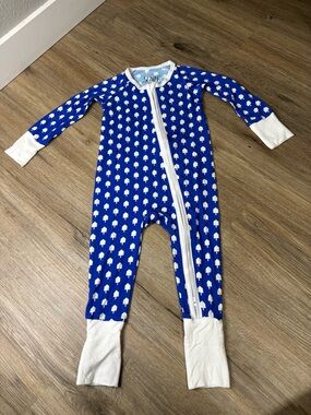 SCAINF Bamboo Dreidel Zip Romper Baby Pajamas Blue White Print 9-12M NWT